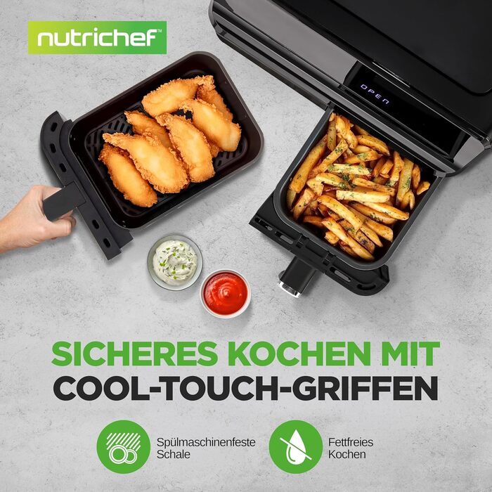 Фритюрниця NutriChef 8.3L з 2 відсіками, з подвійним нагріванням, з оглядовим вікном, 9 програм, до 360°C, антипригарне покриття, для смаження без олії, компактна та безпечна