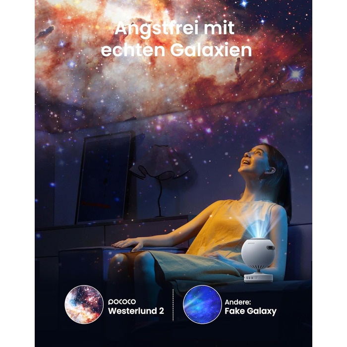 POCOCO Зоряний Проектор Sternenhimmel: LED Галактика, Планетарій для Дітей та Дорослих, Нічник Aurora з 2 Дисками, Таймером, для Розслаблення