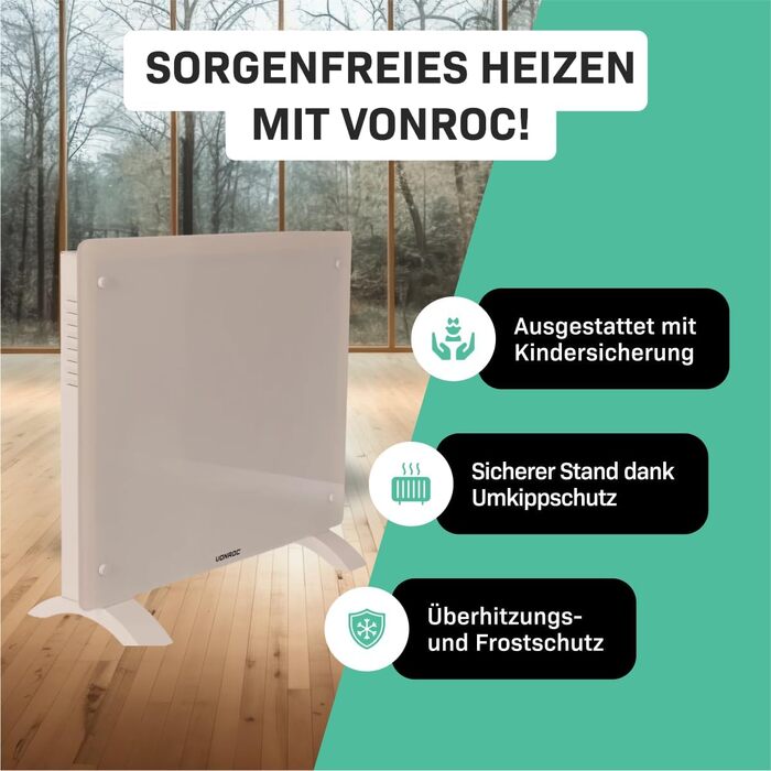 Електричний конвекторний обігрівач VONROC - 1000W, для кімнат до 24м², настінний/підлоговий монтаж, ручне/APP керування, білий