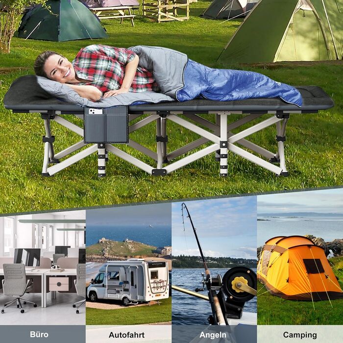 Розкладне кемпінгове ліжко CALIYO з матрацом, 200x80x40 см, витримує до 200 кг, сталевий каркас та тканина Оксфорд, чорне, з сумкою для зберігання