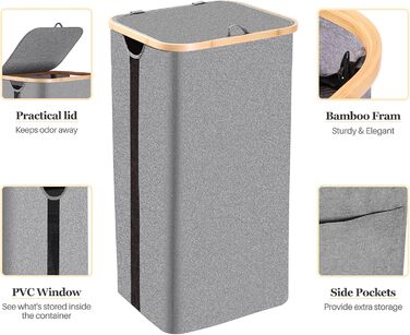 Кошик для білизни з кришкою, 100 л, з прозорим вікном, знімні мішки, сірий (02)