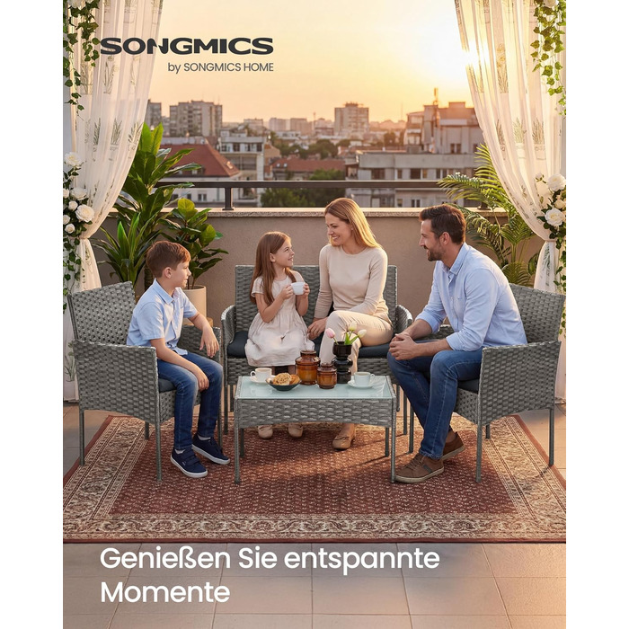 Набір садових меблів SONGMICS 4-х місний, з PE-ратан, для тераси та балкону, сірий (GGF004TZ01)