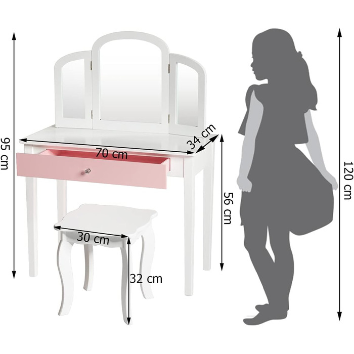 Набір дитячих туалетних столиків COSTWAY 2-в-1 з дзеркалом і табуретом, косметичний столик Princess (білий)