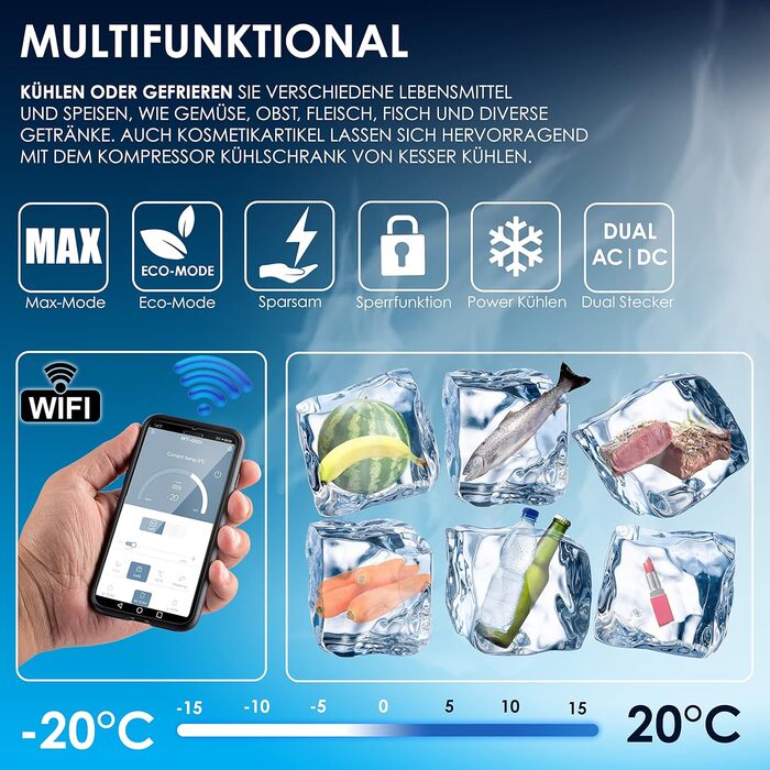 Електрична термохолодильник KESSER® Kompressor на 30 літрів, Navyblau з APP-керуванням, USB, 12/24V/230V, -20°C для авто, вантажівки, човна