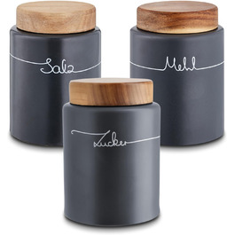 Набір контейнерів для картоплі, цибулі та часнику KHG, 3 шт., кераміка, бамбукові кришки, сірий антрацит, об'єм 3 л та 1,5 л (для борошна, солі, цукру)
