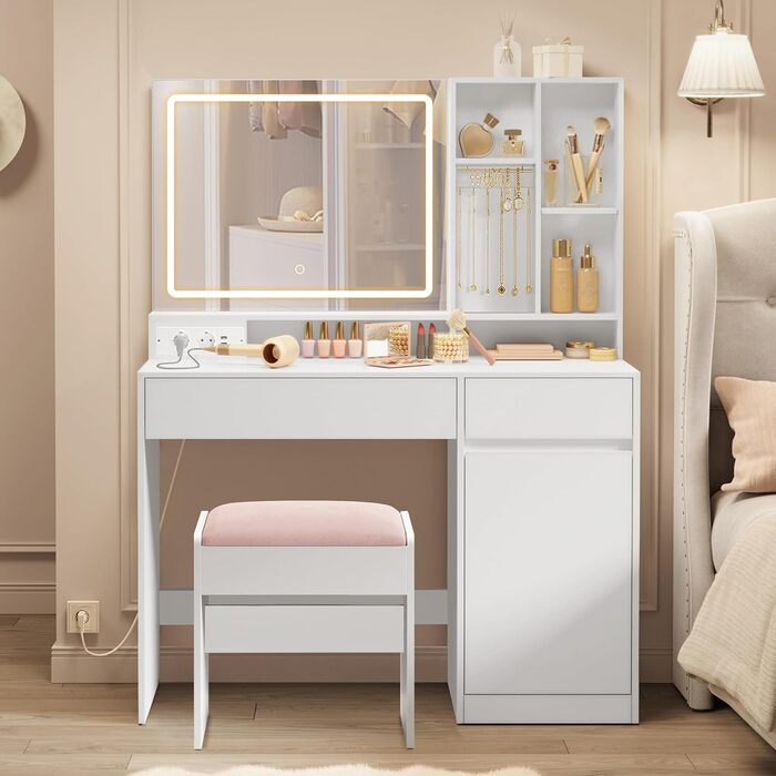 Дзеркальний туалетний столик VASAGLE з пуфом, 110 см, з підсвічуванням та розеткою, кольори: білий та пастельно-рожевий, RDT734W01
