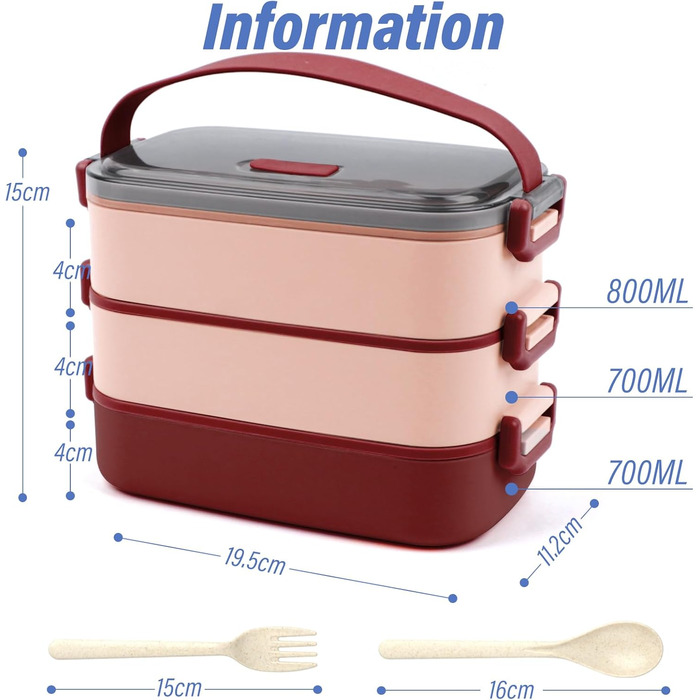 Ланч Бокс 3 яруси - 2200 мл Bento Box, зі столовими приборами, без бісфенолу А, підходить для мікрохвильової печі, бежевий, 19,5x11,2x15 см