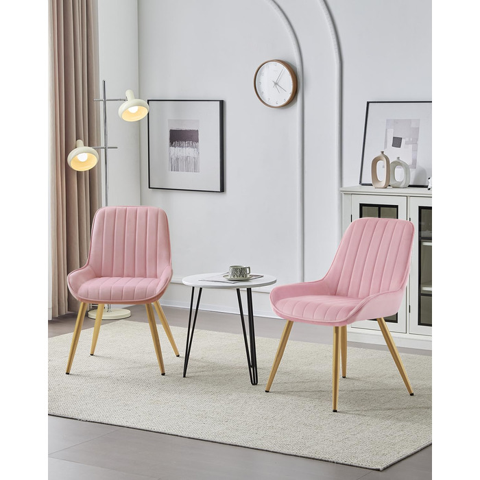 Набір з 2 стільців Lestarain для їдальні, вітальні, кухні, ретро стиль, м'яке сидіння з велюру, металеві ніжки, до 150 кг, рожевий велюр