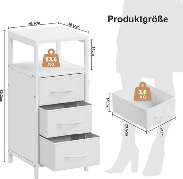 Нічний столик з підзарядкою та LED-підсвіткою, білий, 25x30x60 см, з 3 висувними ящиками, полицею та USB/Type-C портами