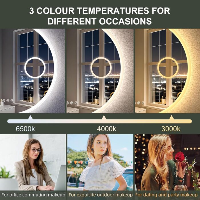 Дзеркало для ванної кімнати S'bagno Runder з підсвічуванням 60 см, з функцією запобігання запотіванню, 3 колірні температури, регулювання яскравості, HD скло, функція пам'яті, IP44, Bluetooth, 5-кратна лупа