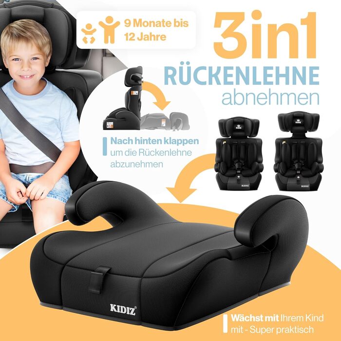 Автокрісло KIDIZ® для дітей 9-36 кг, групи 1+2+3, 5-точкові ремені безпеки, регульована підголовник, чорний колір