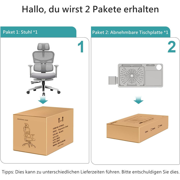 Офісне крісло Newtral Ergonomic NT002 з регульованою підголівником та підлокітниками (сірий), знімний стіл