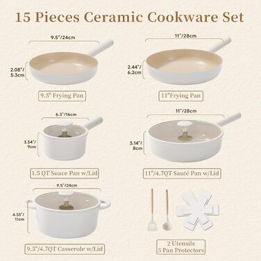 Набір посуду JEETEE 17 предметів з антипригарним покриттям Ceramic, знімні ручки. Каструлі 16/20/24 см, сковороди 24/28 см, глибока сковорода 28 см. Підходить для всіх типів плит, духовка, 17 предметів, бежевий