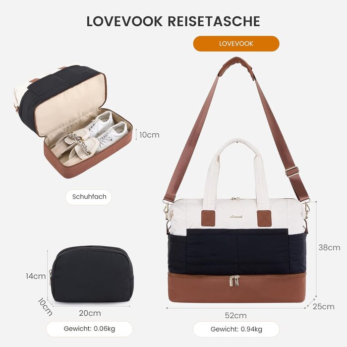 Сумка-мішок LOVEVOOK для подорожей, 52x38x25 см (50 л), з відділенням для взуття та косметичкою, бежево-оливковий колір
