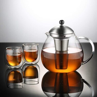 Скляний скляний Срібний чайник з нержавіючої сталі об'ємом 1500 мл з 18/8 чайним ситечком з боросилікатного скла, скляний чайник для заварки чаю, підходить для підігріву чаю