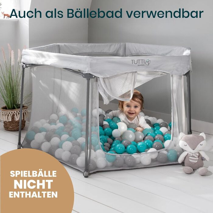 Дитячий манеж Tutti Bambini Laufstall - портативний, з сіткою 360°, швидко складається, з кишенькою та матом, 135x135x75 см (сріблястий)