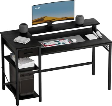 Ігровий стіл Oak & Tea 120x52 см з ящиками, регульованою полицею та підставкою для монітора – для роботи, навчання та геймінгу, коричнево-чорний