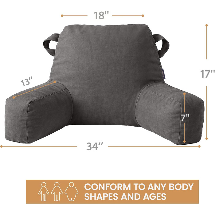 Лежак для читання в ліжку для дорослих, подушка для відпочинку в ліжку з підлокітниками, подушка для підтримки спини для сидіння в ліжку, подушка для відпочинку в ліжку зі знімним та пральним чохлом, світло-сіра