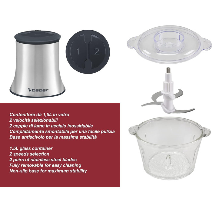 Кухонний комбайн Beper P102ROB001 зі скляною чашею, сірий/чорний