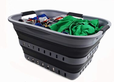 Складна Пластикова корзина для білизни SAMMART 30L з 3 ручками-складаний спливаючий контейнер для зберігання / Органайзер-портативний піддон для прання-компактна Кошик / Кошик (Сірий / Чорний)