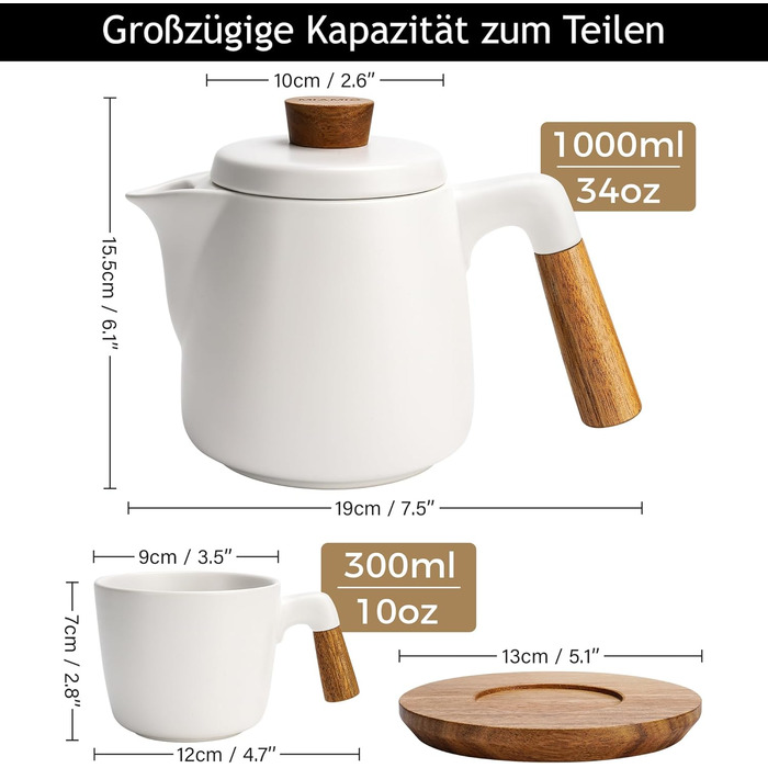 Керамічний набір чайників 1 л з ситечком, 4 чашки (300 мл), бамбукова підставка (біла)
