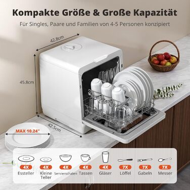 Mini посудомийна машина AIRMSEN з 8+3 програмами, 5л, система пом'якшення води, таймер, дитячий замок, білий/чорний