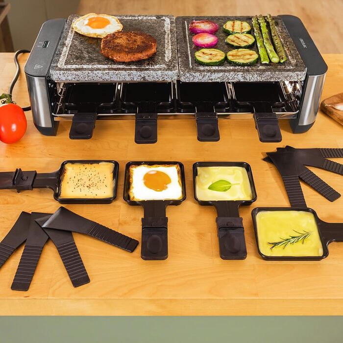 Електричний гриль-ракушетка Cecotec Raclette Cheese&Grill 16000 Inox на 8 осіб, 1400 Вт, з регулюванням температури, 2 грильні пластини (алюміній 20x22 см та натуральний камінь 20x22 см), 8 сковорідок та 8 лопаток