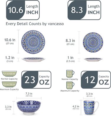 Посуд Vancasso Mandala, 16 предметів, порцеляновий набір для 4 осіб, блакитний, богемський стиль, ручна розпис
