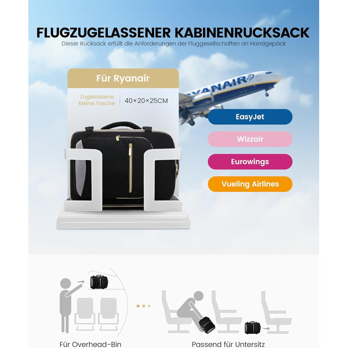 Рюкзак LOVEVOOK для ручної поклажі Ryanair, 40x20x25 см, для ноутбука 13.3 дюйма, чорний/сірий, підходить для Eurowings, Wizz Air