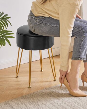 Пуф-табуретка IBUYKE з велюру, круглої форми, з м'якою оббивкою, на золотих металевих ніжках, чорного кольору, з PU-підсидінням для зберігання, модель L/G-30P