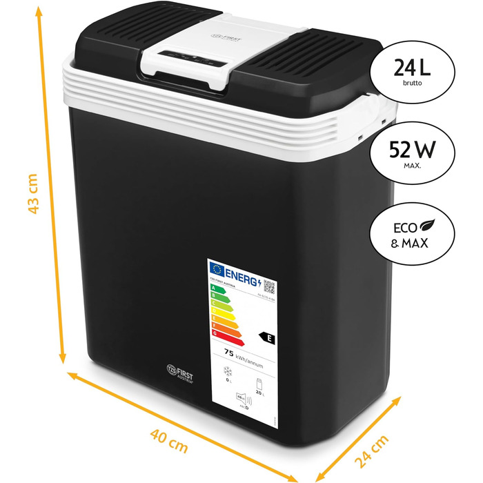 Електричний охолоджувач TZS First Austria 24 літри Підключення 12 вольт і 230 вольт з вилкою 12 В для автомобіля для кемпінгу, фестивалів і подорожей з функцією охолодження та збереження тепла сірий (24 л Чорний)