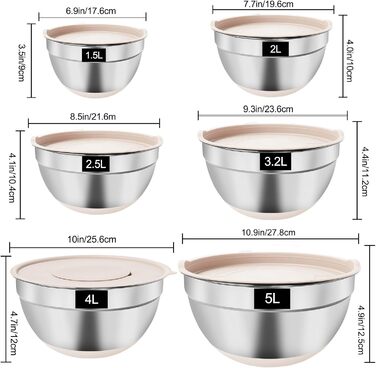 Набір міксерів YlYADl (31 предмет) - 6 нержавіючої сталі миски з кришкою та силіконовим дном (0.8-2.9L), стекові, 3 насадки-тертки