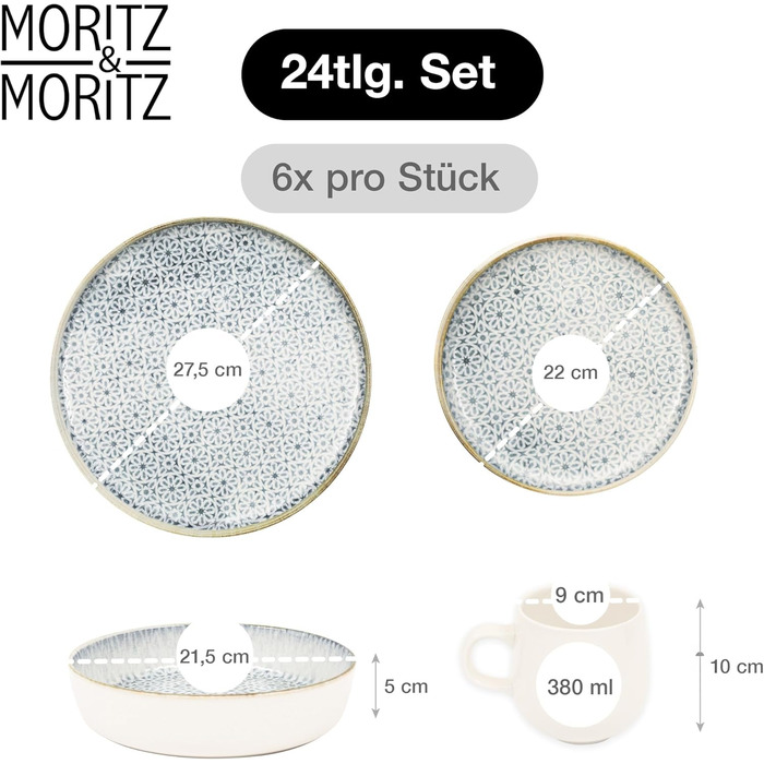 Набір посуду Moritz & Moritz ALHAMBRA на 6 осіб (18 предметів) з високоякісного порцеляну - сучасний сервіз. Включає 6 тарілок, 6 десертних тарілок та 6 салатників. Колір: блакитний.