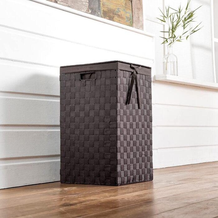 Кошик для білизни RAN6892 Stan з кришкою, ручками, плетіння з металевим каркасом, знімний вкладиш з льону, 30 x 30 x 50 см, Коричневий, Шоколадний, 30 x 30 x H.50 см