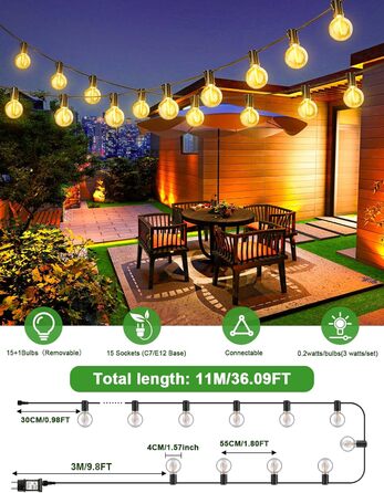 LED гірлянда для вулиці з таймером, 30+1 лампочка G40, регулювання яскравості, IP44, вологостійка, 11м, для декору саду, балкону, дому