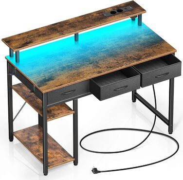 Комп'ютерний стіл Rolanstar з ящиками, розетками та LED підсвіткою, ігровий стіл з підставкою для монітора, полиця та 2 гачки, для офісу та вітальні (білий, 100x47x90,5 см)