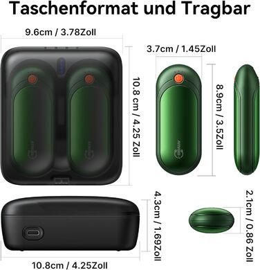 Електричні грілки для рук J-BRAUV 2 шт. 4000mAh з зарядним пристроєм 10000mAh, 3 режими нагріву, USB, до 24 годин, компактні (зелені)