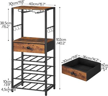 Стильна полиця для вина HOOBRO на 16 пляшок з 6 ярусами, з шухлядою, органайзер для вин, дерев'яний винний стенд, 40 x 30 x 102 см, вінтажний колір