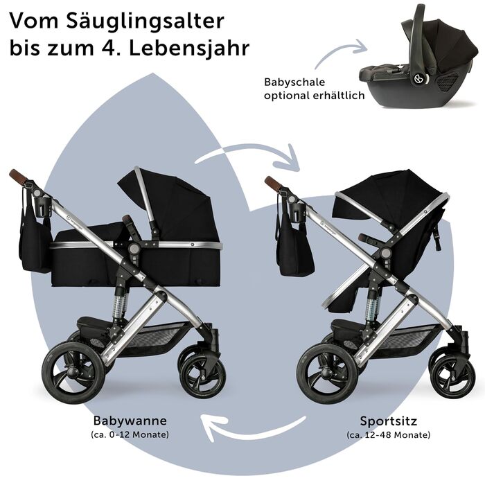 Дитяча коляска Bergsteiger Nizza 3 в 1, комплект: автокрісло, люлька, прогулянковий блок (чорний/срібний)