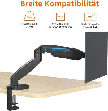 Кріплення для двох моніторів Amazon Basics, регульований газовий важіль, для моніторів до 27 дюймів, чорний (68.6 см, один кріплення для монітора)