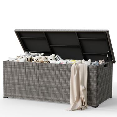 Водонепроникний садовий ящик Amopatio Gartenbox 650л з поліротангу для подушок, металевий ящик для зберігання з газліфтами для саду та балкону, сірий