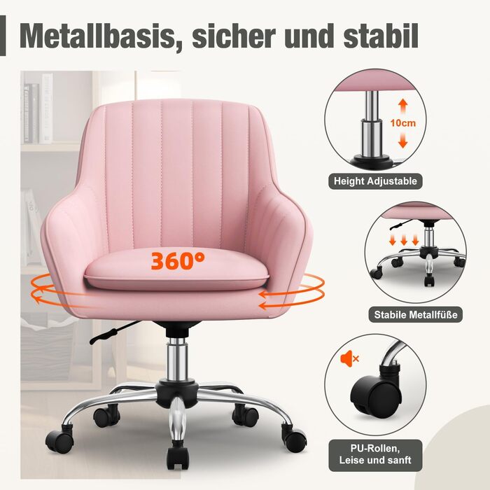 Крісло для робочого столу Daccormax, крісло для туалетного столика, обертове крісло до 150 кг, офісне крісло з регулюванням висоти, крісло для дому з м'якою оксамитовою оббивкою, комфортне для робочого кабінету, спальні, офісу, рожеве/рожеве