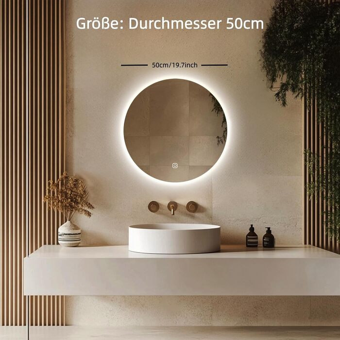 Круглий дзеркало для ванної кімнати MYGIIVOVO з підсвічуванням, LED, сенсорне управління, 3 кольори, 50 см