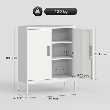 Шафа сталева з 2 дверцятами, офісна шафа, з регульованими полицями, для домашнього офісу, вітальні, гаража, біла