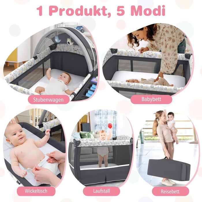 Дитяче туристичне ліжко COSTWAY 5-в-1 з матрацом, функція ліжка-гойдалки, пеленальний столик, музична шкатулка та сумка для перенесення, до 15 кг