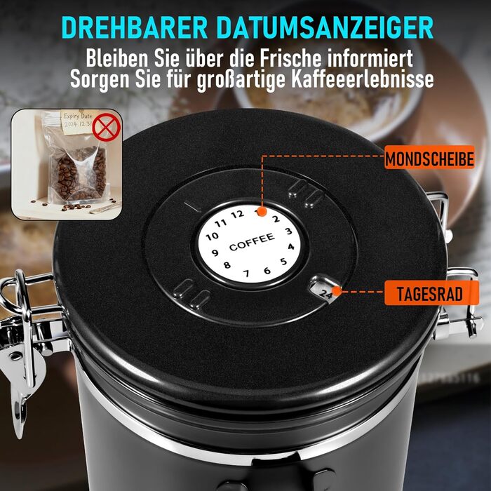 Контейнер для кави 1 кг з нержавіючої сталі з герметичним клапаном, вікном та мірною ложкою