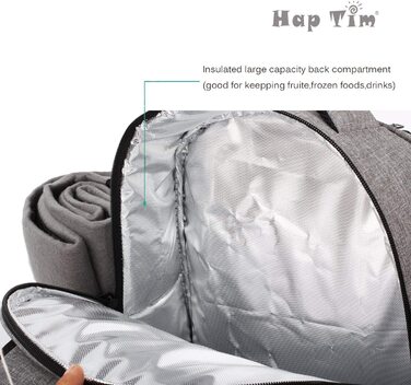Рюкзак для пікніка Hap Tim на 4 особи з термокишенею, підставкою для пляшок/вина, флісовою ковдрою, тарілками та набором столових приборів. Ідеально для відпочинку на природі, спорту, походів, кемпінгу та грилів. (EU-3065, Сірий)
