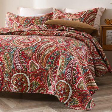 Покривало ENASAL 220x240см, покривало 230x250, Red Paisley, всесезонна ковдра з 2 наволочками