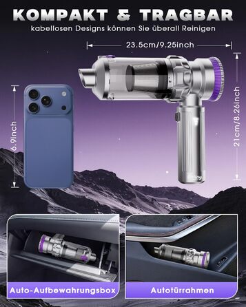 Бездротовий автомобільний пилосос Ortiny 28000Па, ручний міні-пилосос 4 в 1 з безщітковим двигуном та самоочищенням контейнера, для авто, дому та кухні, сріблясто-фіолетовий