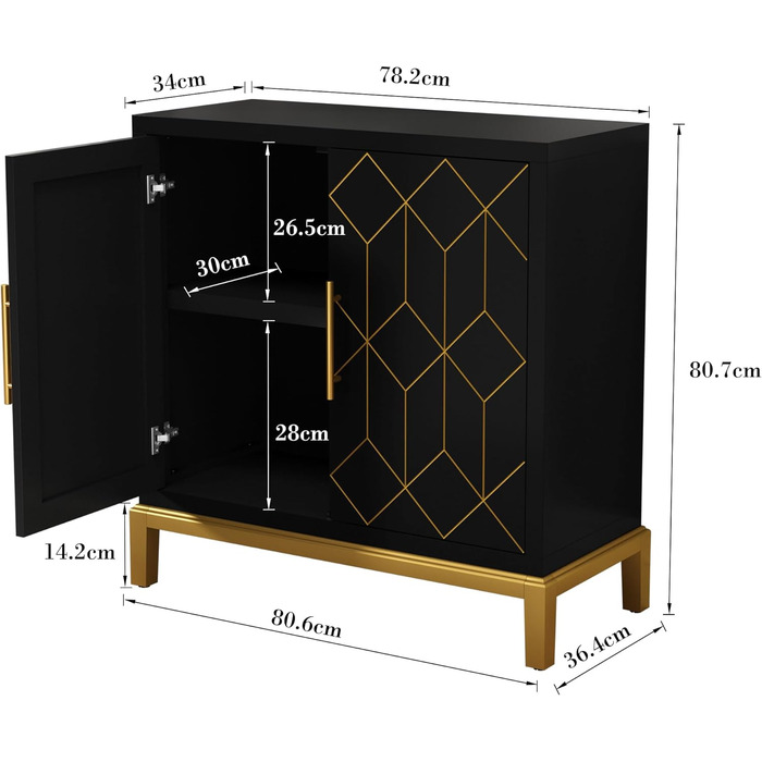 Комод сервант чорне золото, 4-дверний, регульований, для кухні/вітальні/спальні